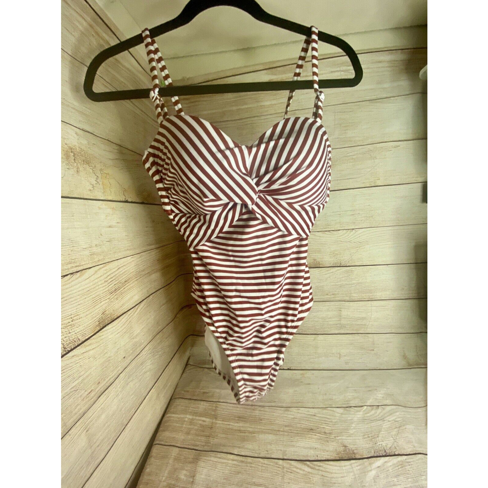 Kona Sol Women's Strappy Back One Piece Swimsuit Small Stripes Rouche Red White